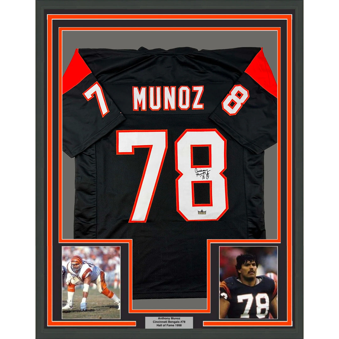Framed Facsimile Autographed Anthony Munoz 33x42 Black Reprint Laser Auto Jersey