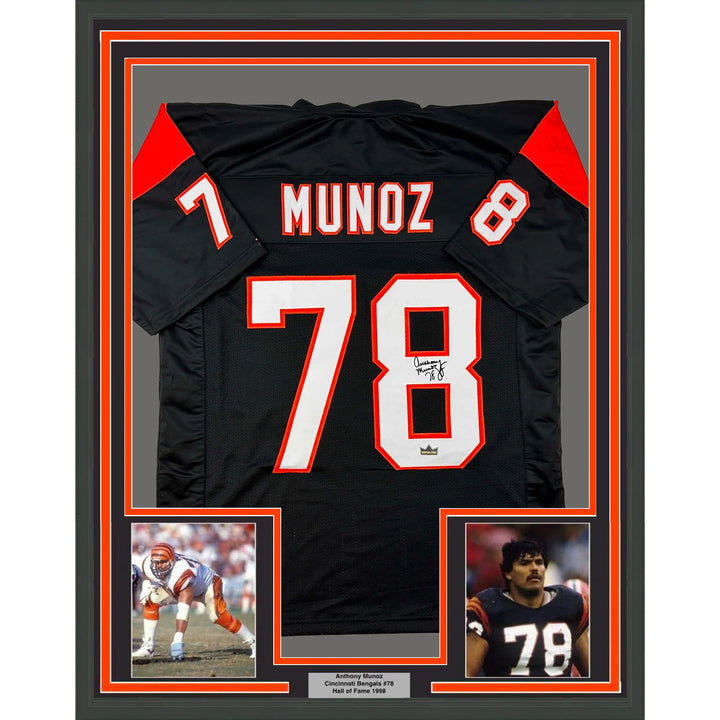 Framed Facsimile Autographed Anthony Munoz 33x42 Black Reprint Laser Auto Jersey