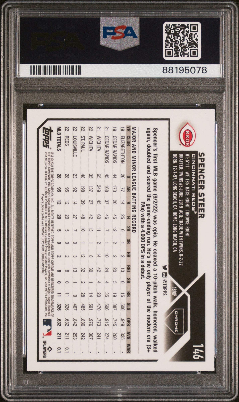 Graded 2023 Topps Chrome Spencer Steer #146 XFractor RC Baseball Card PSA 10