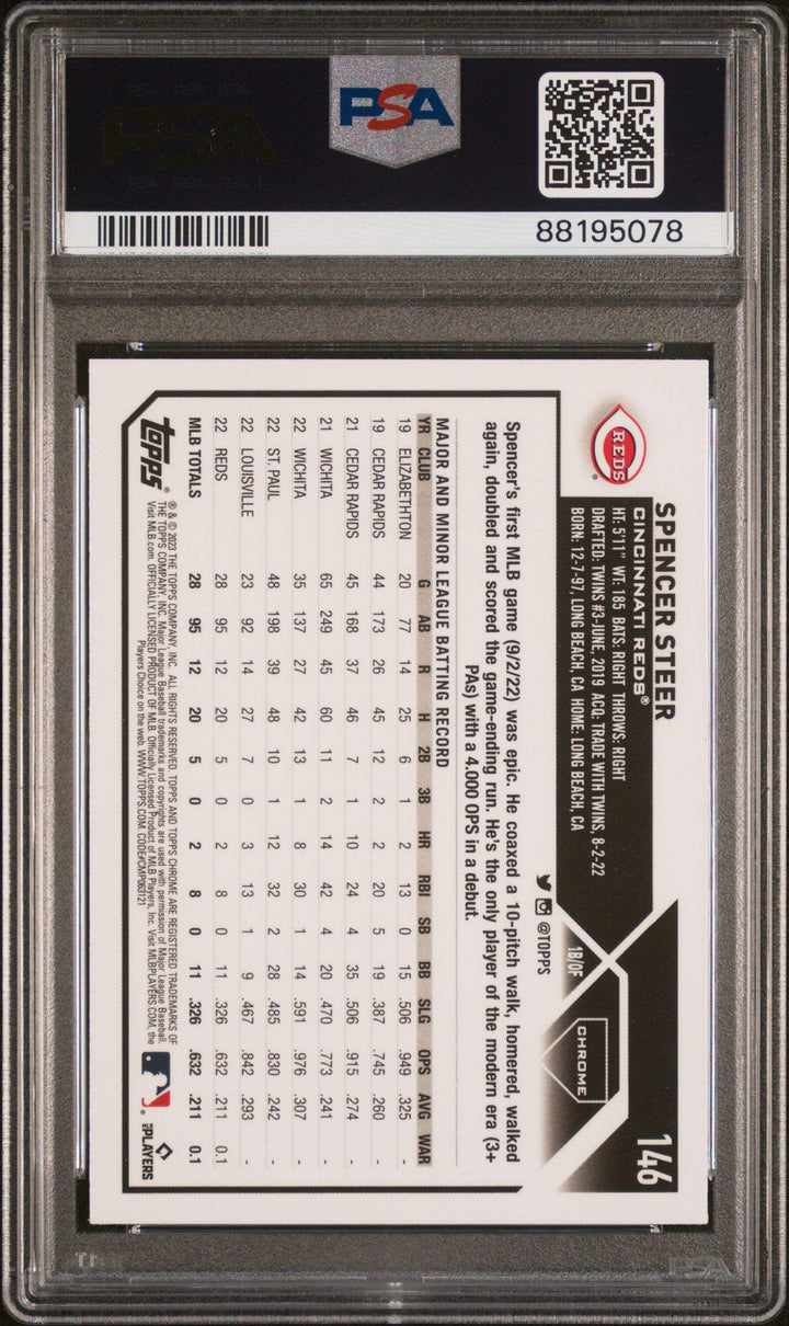 Graded 2023 Topps Chrome Spencer Steer #146 XFractor RC Baseball Card PSA 10