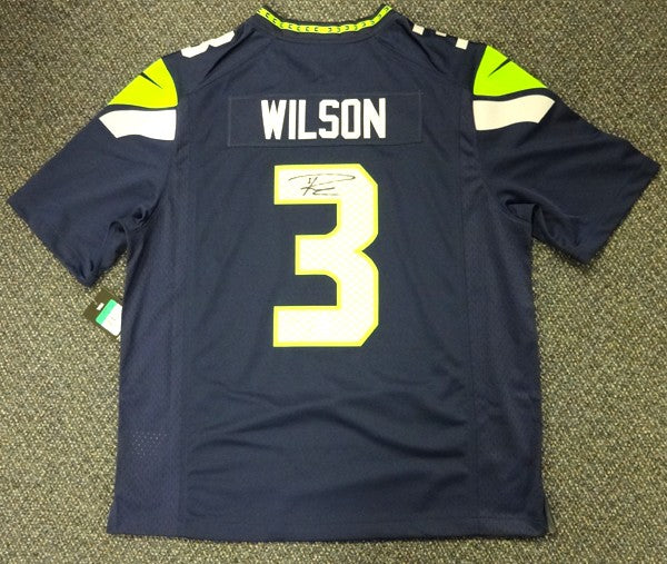 Seattle Seahawks Russell Wilson Signed Blue Nike Twill Jersey Size XL RW Holo
