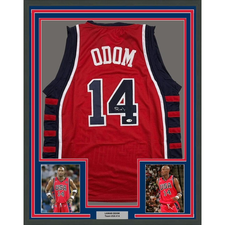 Framed Autographed/Signed Lamar Odom 35x39 USA Olympics Red Jersey JSA COA