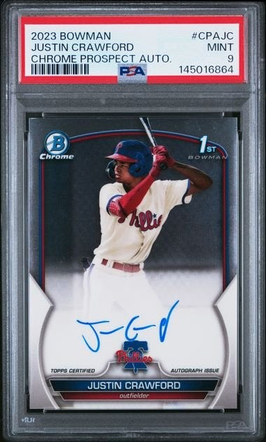 Graded 2023 Bowman Chrome Justin Crawford CPAJC Prospect Auto RC Card PSA 9