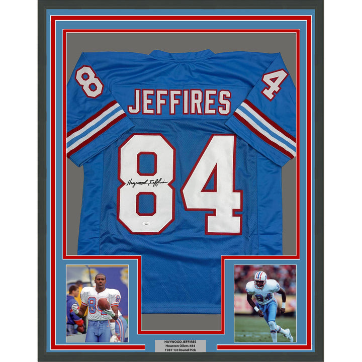 Framed Autographed/Signed Haywood Jeffires 35x39 Tennessee Blue Jersey JSA COA