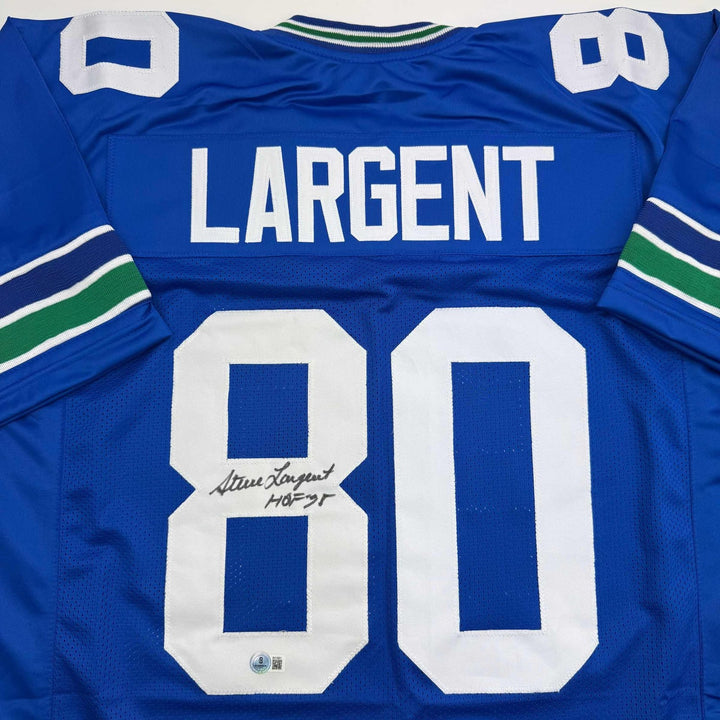 Autographed/Signed STEVE LARGENT HOF 95 Seattle Blue Jersey JSA COA