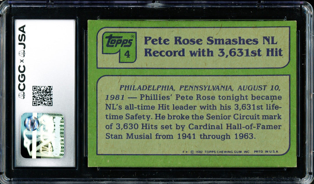 Pete Rose Signed 1982 Topps Card 4 Philadelphia Phillies CGC x JSA