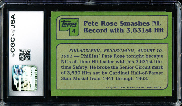 Pete Rose Signed 1982 Topps Card 4 Philadelphia Phillies CGC x JSA