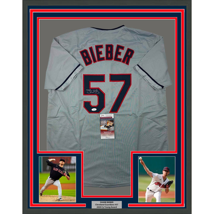 Framed Autographed/Signed Shane Bieber 35x39 Cleveland Grey Jersey JSA COA