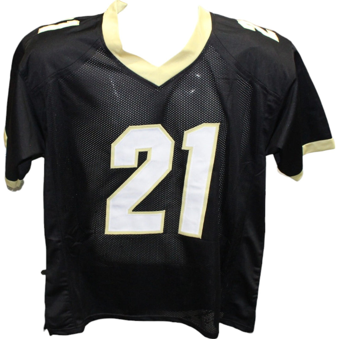 Deion Sanders Autographed/Signed College Style Black Stat Jersey Beckett 42775