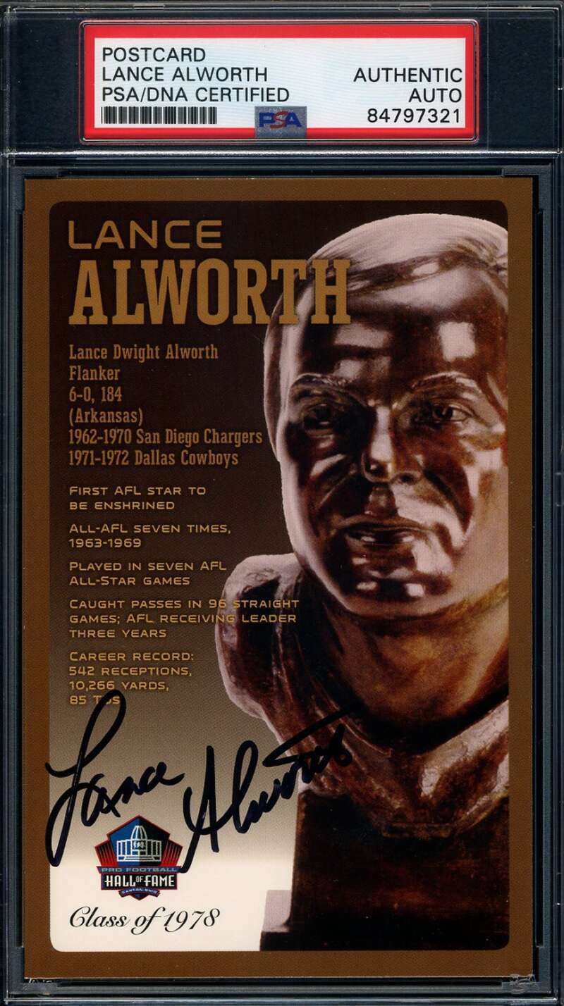 Lance Alworth PSA DNA Signed Hall of Fame Bronze Bust Postcard Autograph