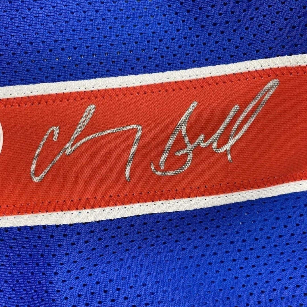 Framed Signed Chauncey Billups 35x39 Detroit Blue Jersey JSA COA