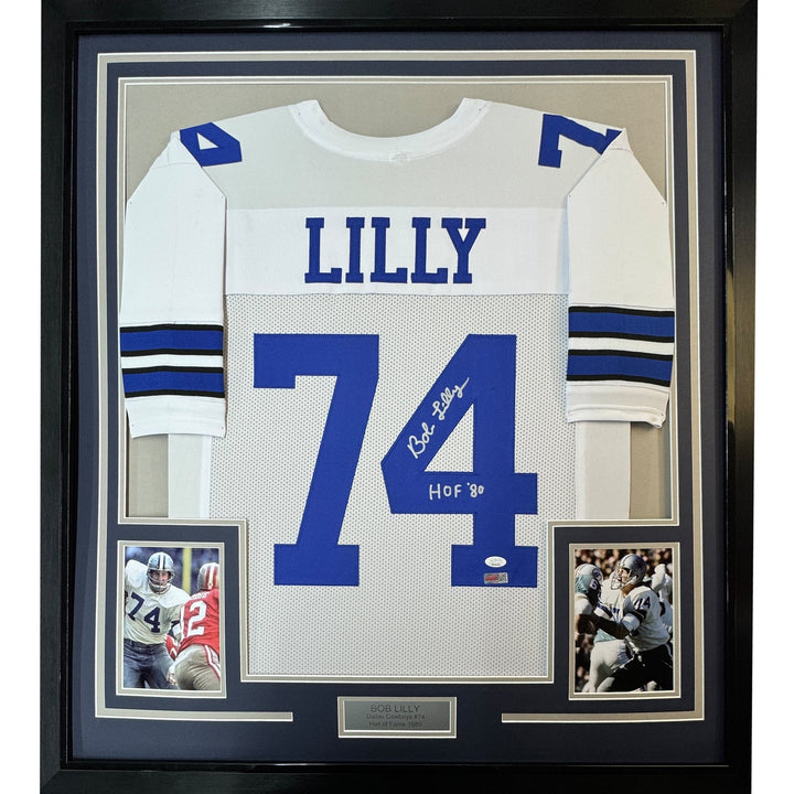 Framed Signed Bob Lilly HOF 80 35x39 Dallas White Jersey JSA COA