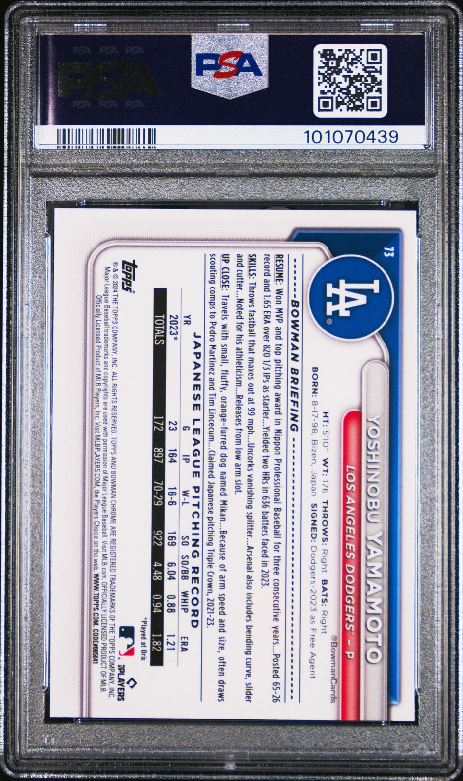 Graded 2024 Topps Bowman Chrome Yoshinobu Yamamoto #73 RC Baseball Card PSA 10