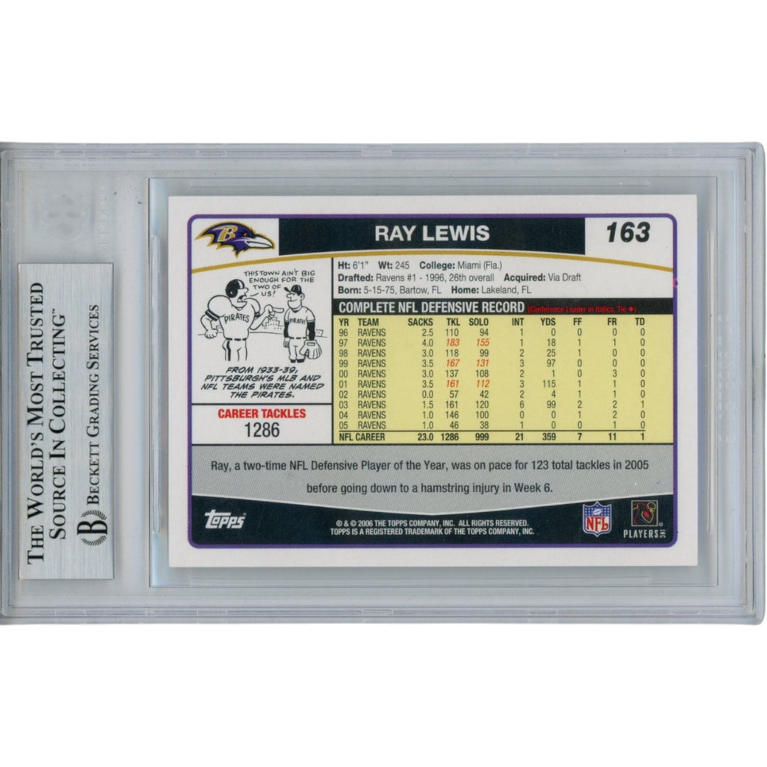 Ray Lewis Autographed/Signed 2006 Topps #163 Trading Card Slab Beckett 53505