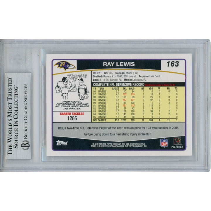 Ray Lewis Autographed/Signed 2006 Topps #163 Trading Card Slab Beckett 53505