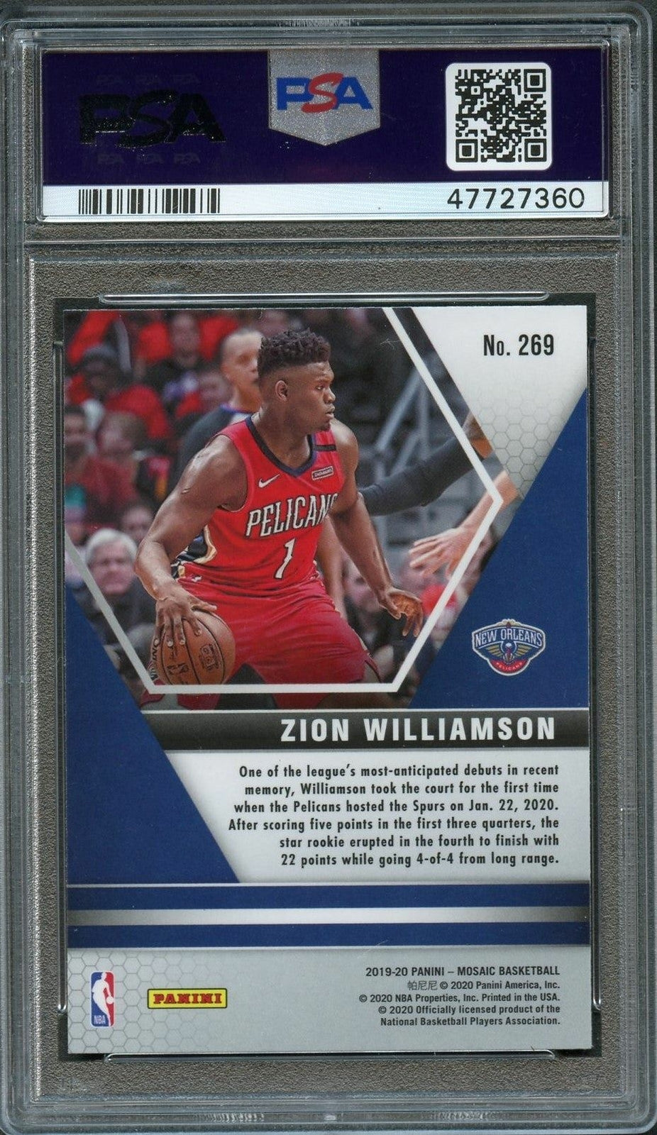 2019 Panini Mosaic NBA Debut #269 Zion Williamson PSA 9 Mint Rookie RC Pelicans
