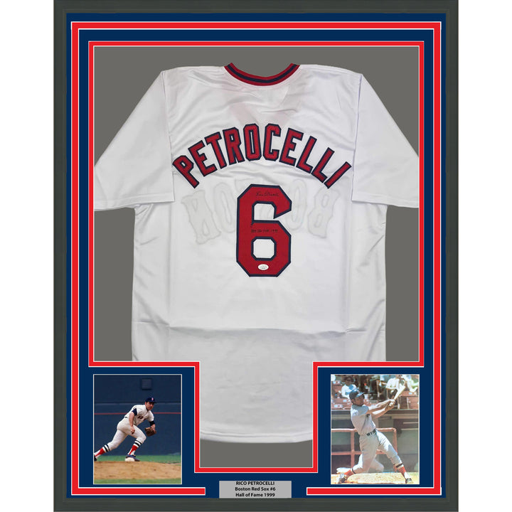 Framed Autographed/Signed Rico Petrocelli 35x39 HOF Boston White Jersey JSA COA