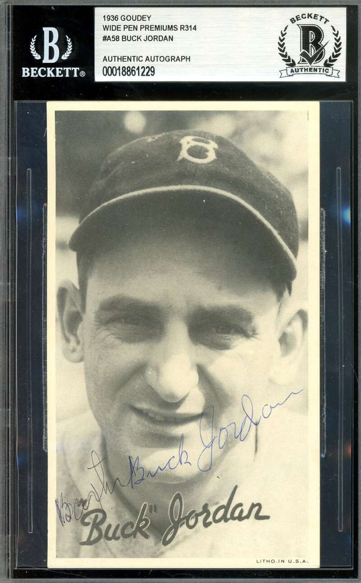 Buck Jordan Beckett BAS Signed 1936 Goudey Wide Pen Premiums R314 Autograph
