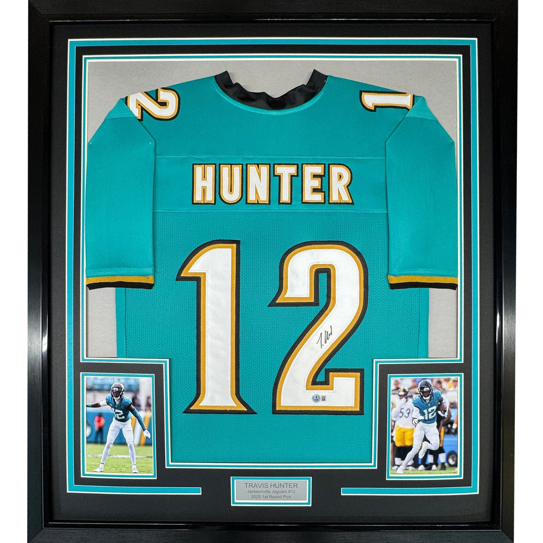 Framed Autographed/Signed Travis Hunter 35x39 Jacksonville Teal Jersey COA