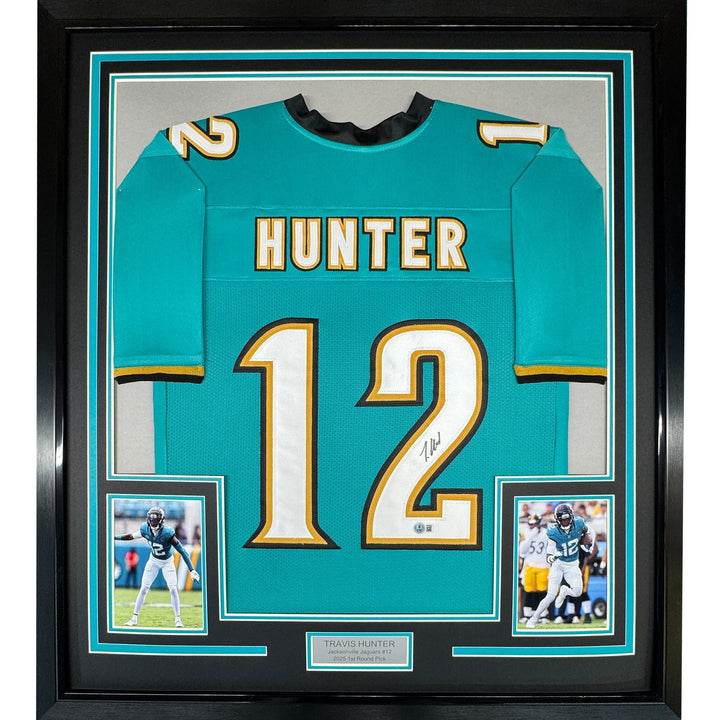 Framed Autographed/Signed Travis Hunter 35x39 Jacksonville Teal Jersey COA