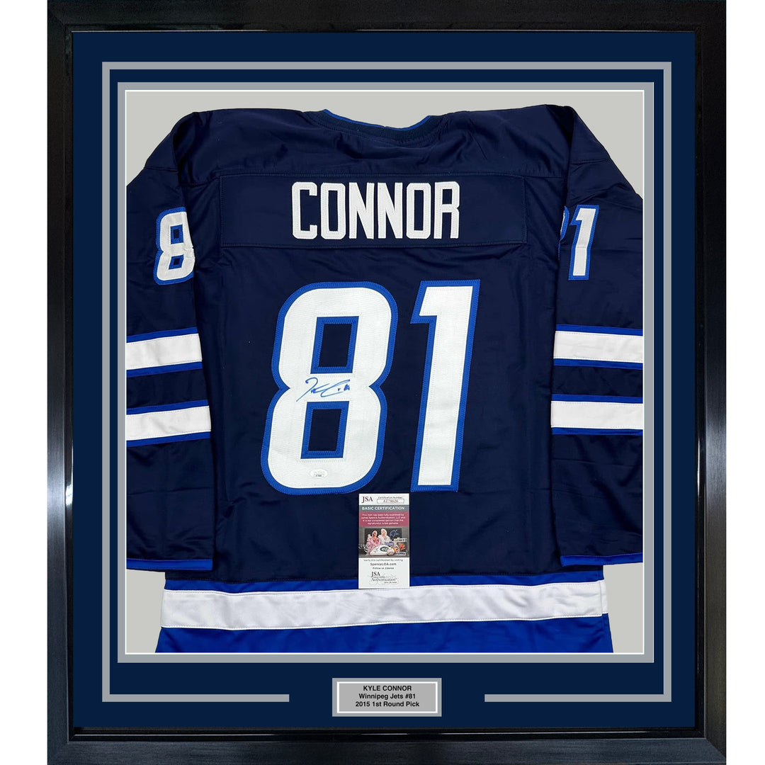 Framed Autographed/Signed Kyle Connor 35x39 Winnipeg Blue Hockey Jersey JSA COA