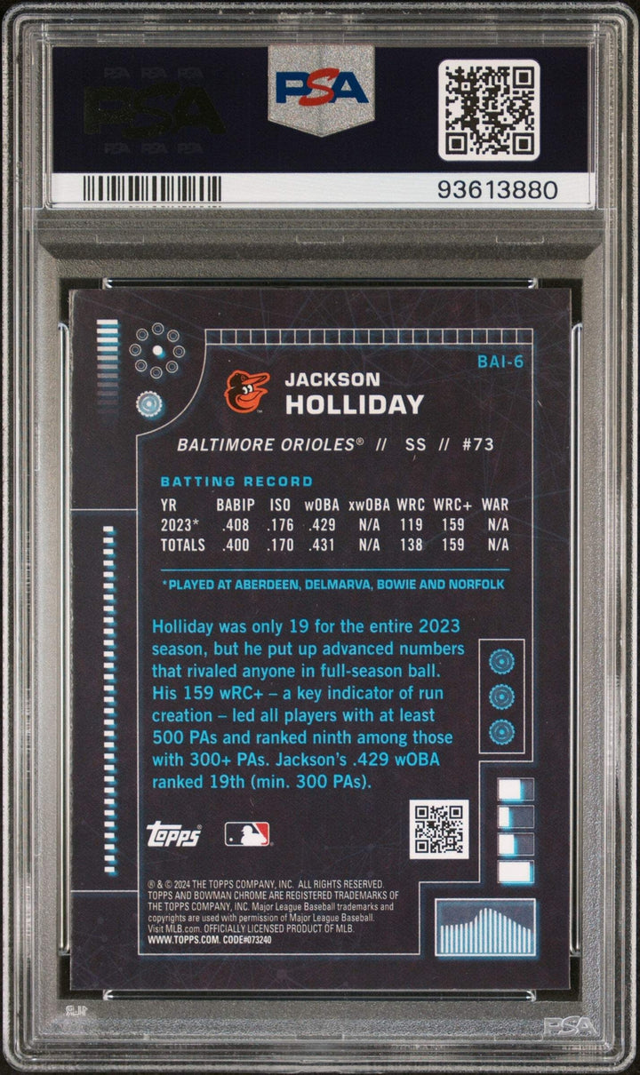 Graded 2024 Topps Bowman Jackson Holliday #BAI6 AI Rookie Baseball Card PSA 10