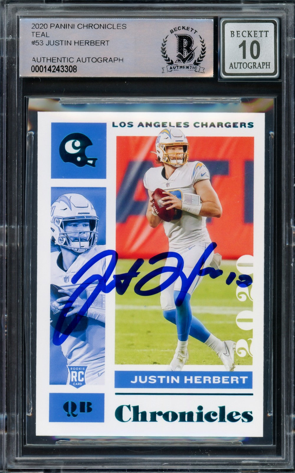 Justin Herbert Signed 2020 Panini Chronicles Teal Parallel RC 53 Sig 10 Beckett