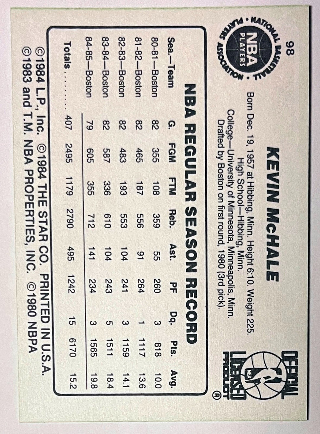 Kevin McHale 1985-86 Star Green Border Card #98 (Boston Celtics/HOF)