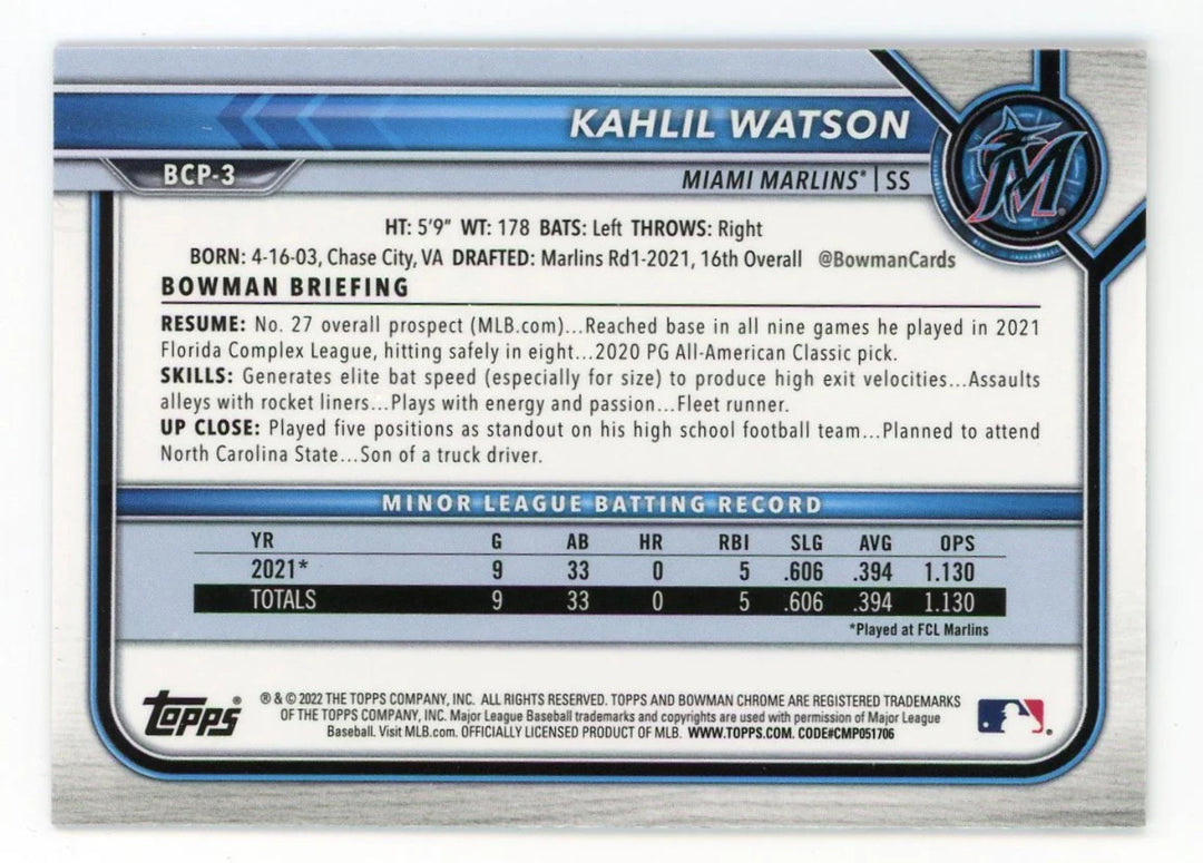 Kahlil Watson 2022 Topps 1st Bowman Chrome #BCP-3 Card