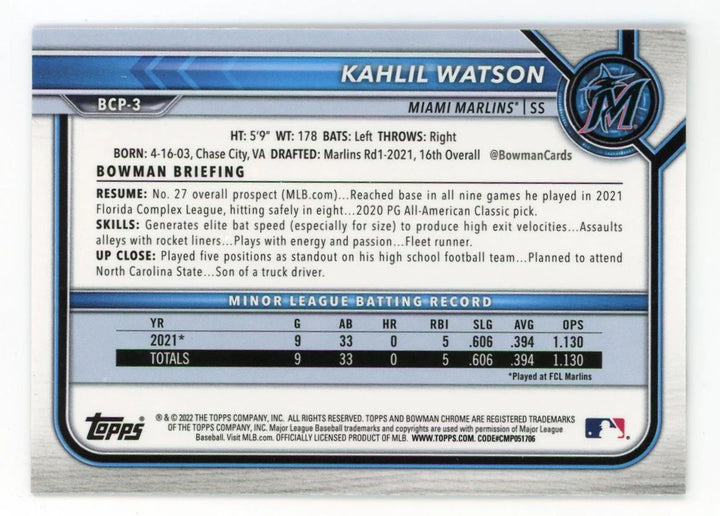 Kahlil Watson 2022 Topps 1st Bowman Chrome #BCP-3 Card