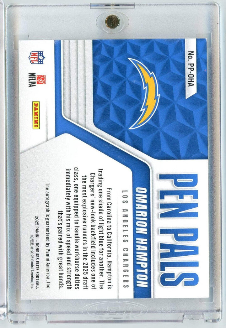 2025 Donruss Elite Pen Pals Omarion Hampton #CHARGERS Purple Auto RC Card