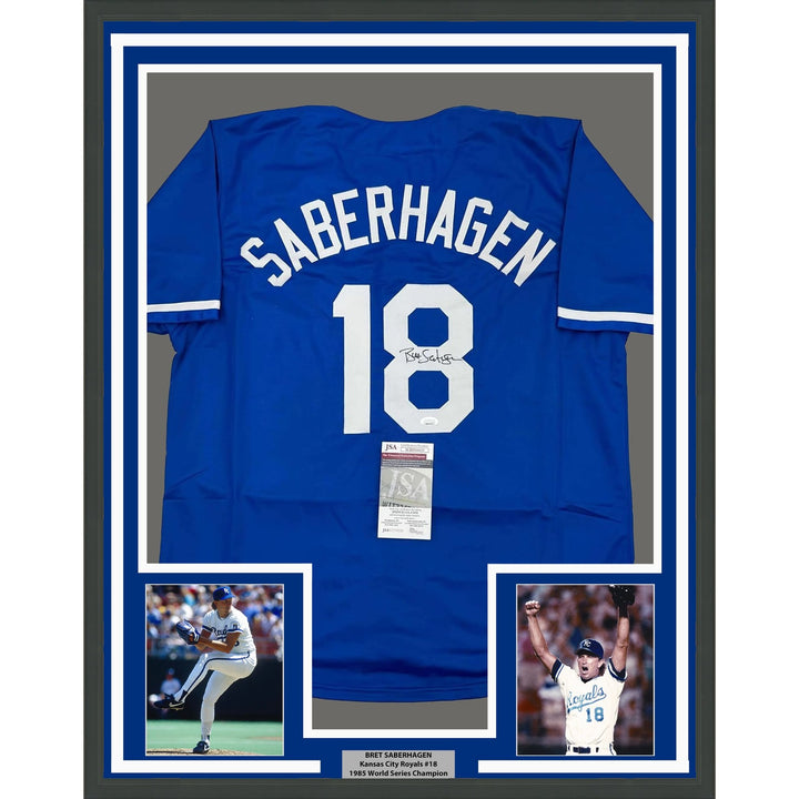 Framed Autographed/Signed Bret Saberhagen 35x39 KC Dark Blue Jersey JSA COA
