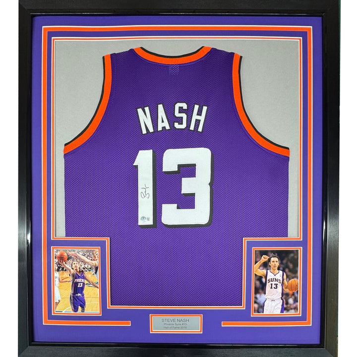 Framed Autographed/Signed Steve Nash 35x39 Phoenix Purple Jersey Beckett BAS COA