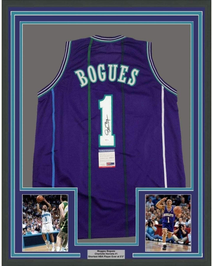 FRAMED Signed MUGGSY BOGUES 35x39 Charlotte Purple Jersey PSA COA