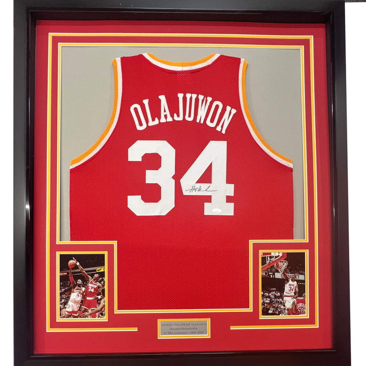 Framed Autographed/Signed Hakeem Olajuwon 33x42 Houston Red Jersey BAS COA