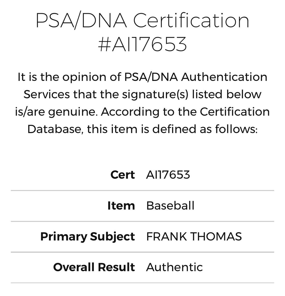 Frank Thomas Signed Official AL Baseball White Sox Rookie #35 Vintage Auto Psa