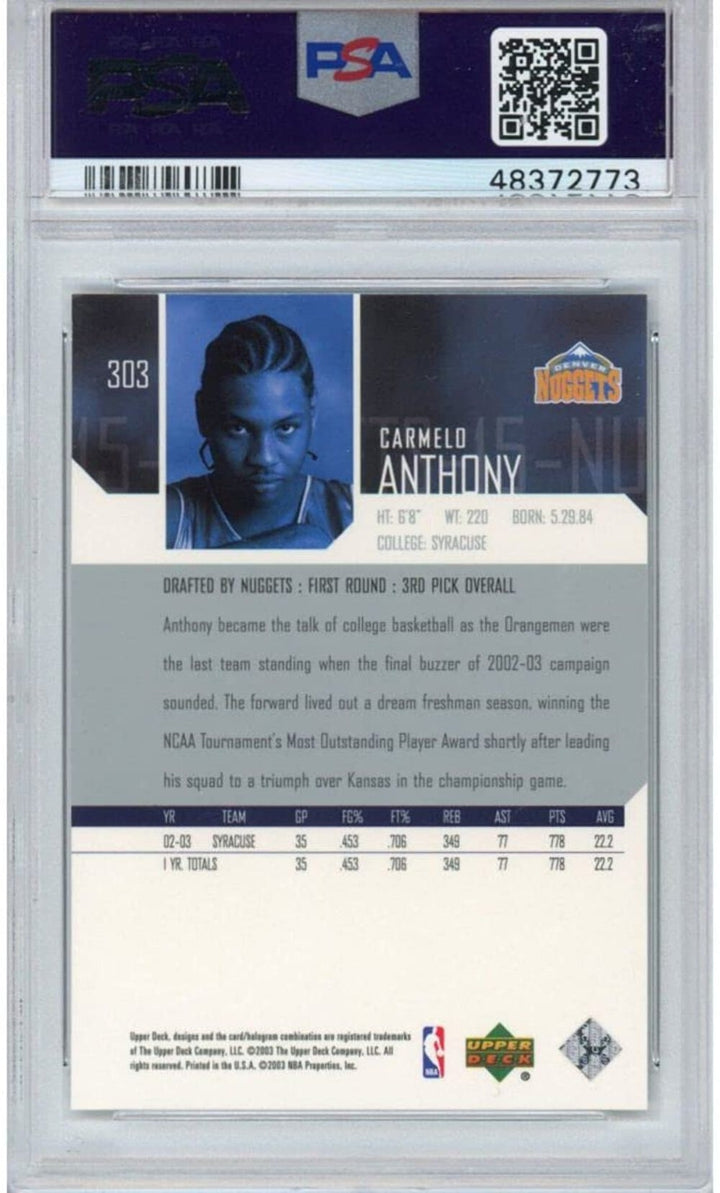 Graded 2003-04 Upper Deck UD Carmelo Anthony #303 Rookie RC Basketball Card PSA
