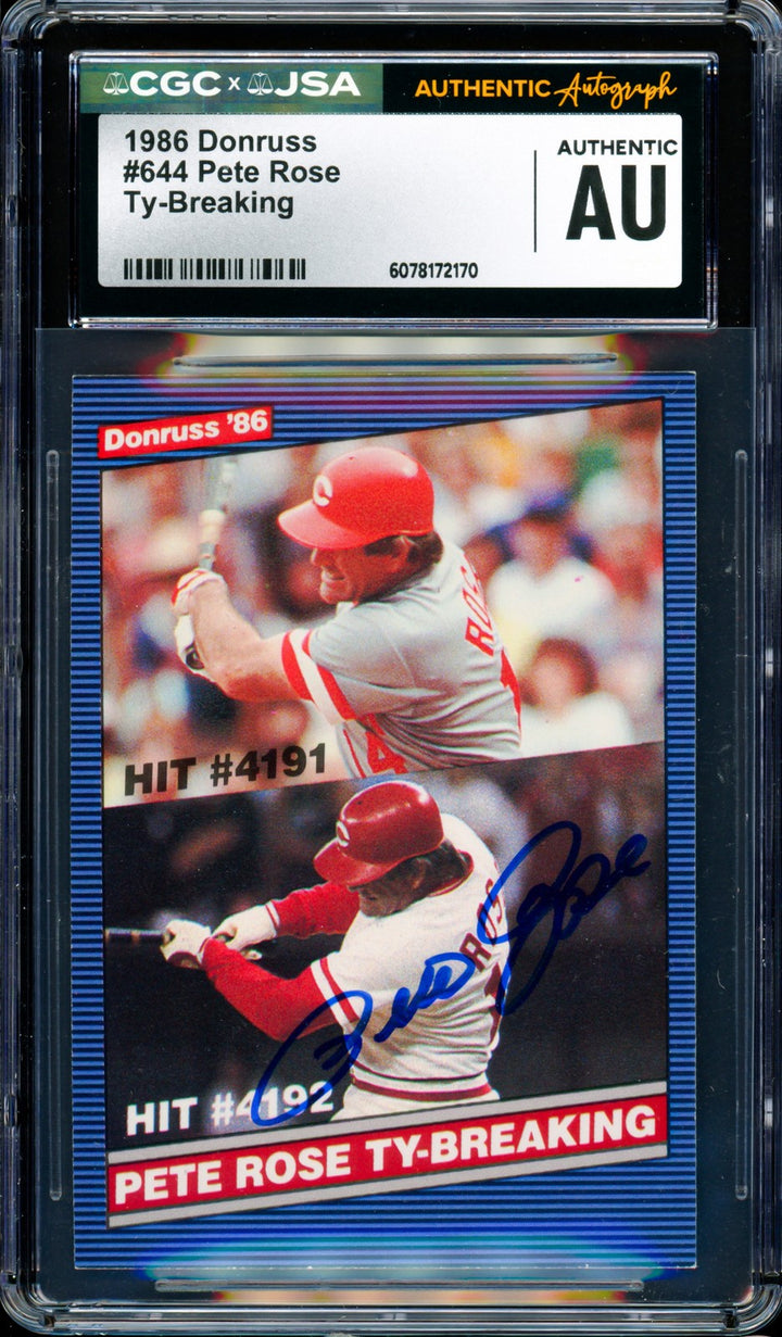 Pete Rose Signed 1986 Donruss Card 644 Cincinnati Reds CGC x JSA