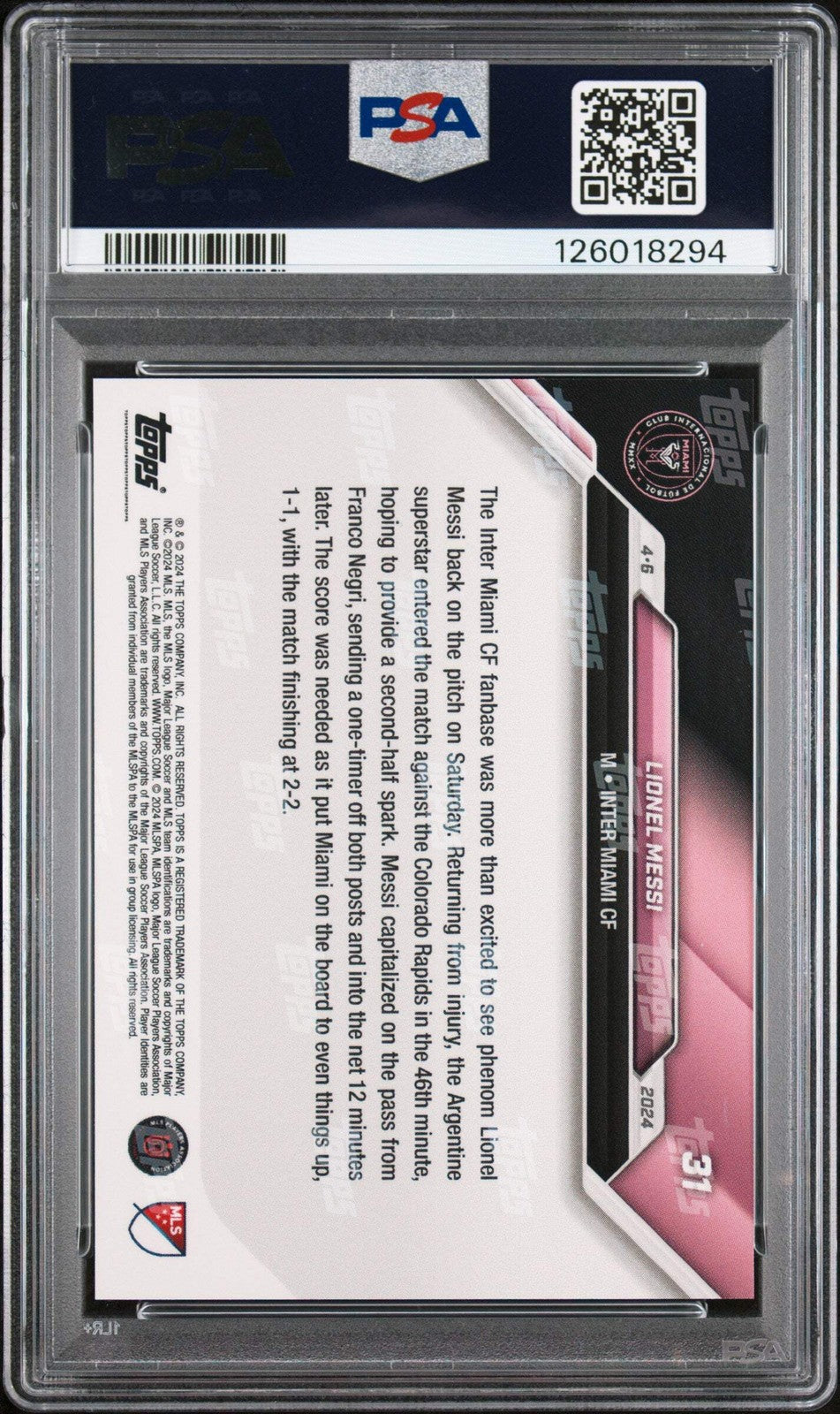 Graded 2024 Topps Now MLS Lionel Messi #31 Celebrates Return Card PSA 10