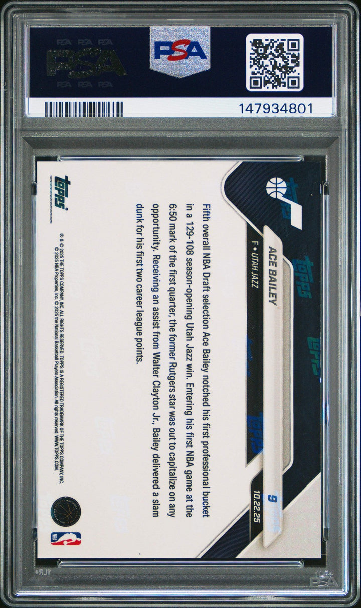 Graded 2025 Topps Now Ace Bailey #9 FoilFractor 1/1 Rookie Basketball Card PSA 9
