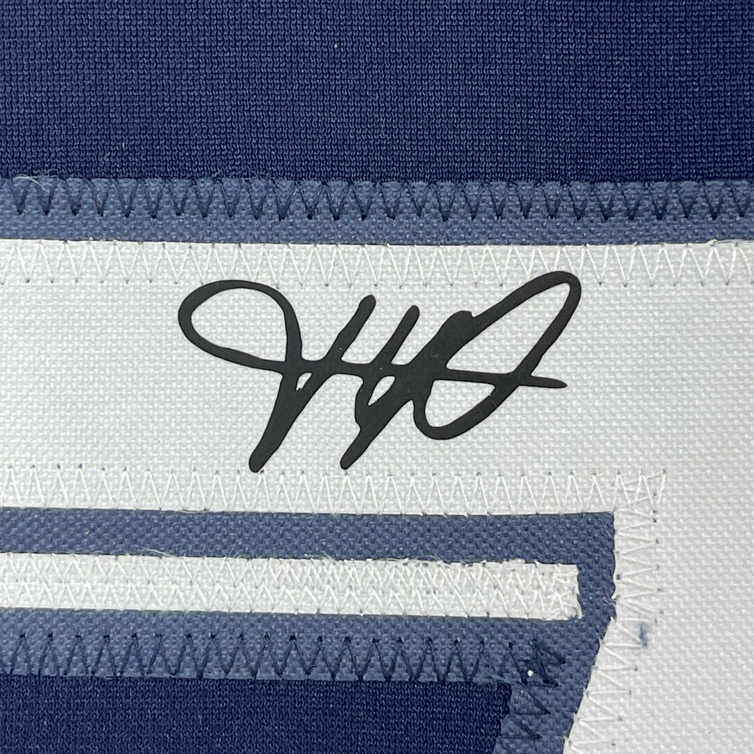 Framed Facsimile Autographed Kylian Mbappe 33x42 Blue Reprint Laser Auto Jersey