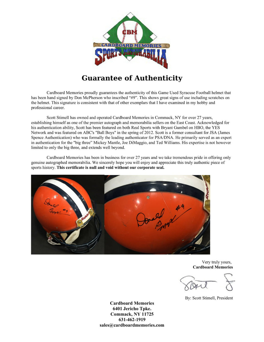Don McPherson Signed Game Used worn Syracuse Football Helmet Autograph CBM COA