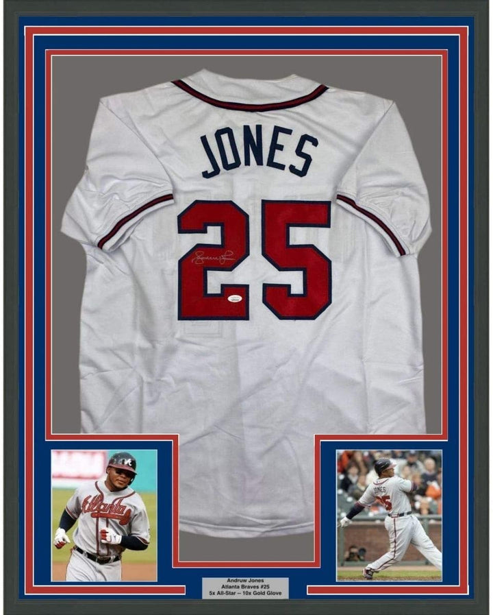 FRAMED Signed ANDRUW JONES 35x39 Atlanta White Jersey JSA COA Auto