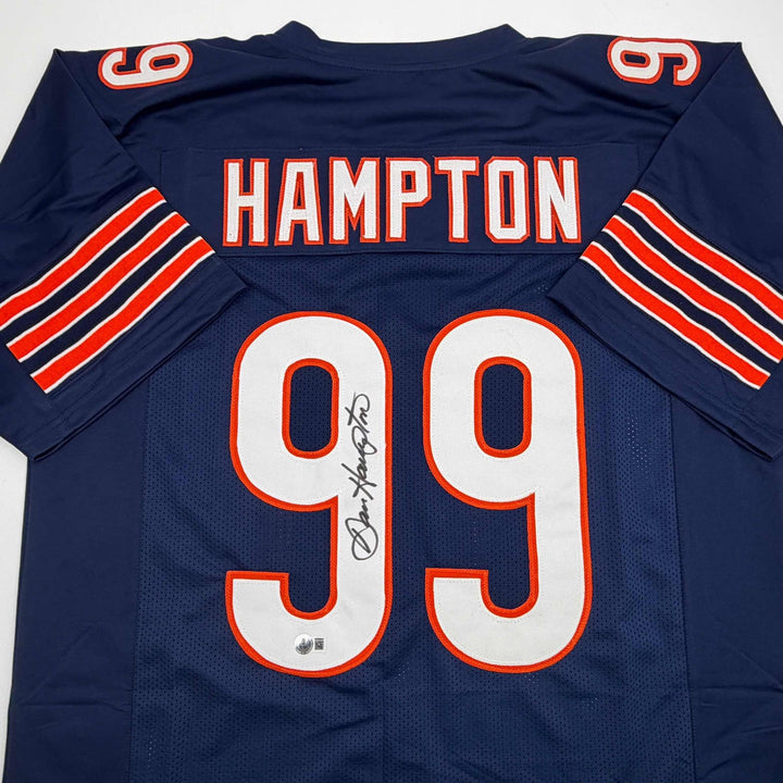 Autographed/Signed Dan Hampton HOF 2002 Chicago Blue Jersey Beckett BAS COA