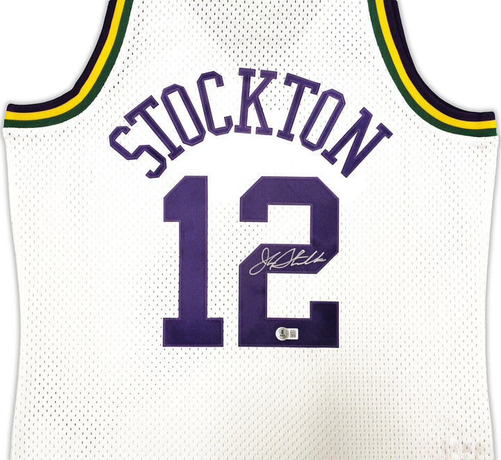 Jazz John Stockton Auto White AUTH Mitchell Ness 91-92 HWC Swingman Jersey L BAS