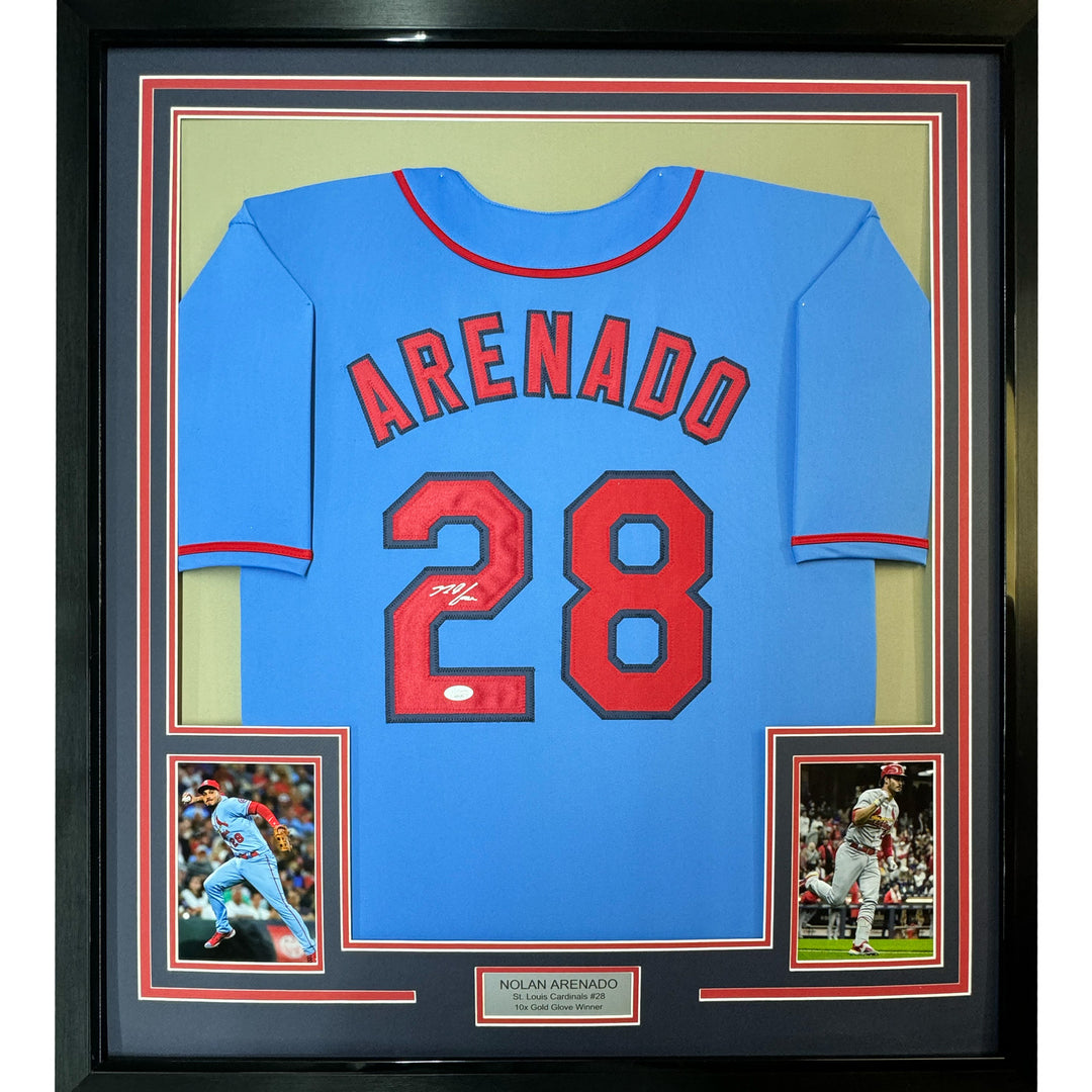 Framed Autographed/Signed Nolan Arenado 33x42 St. Louis Blue Jersey JSA COA