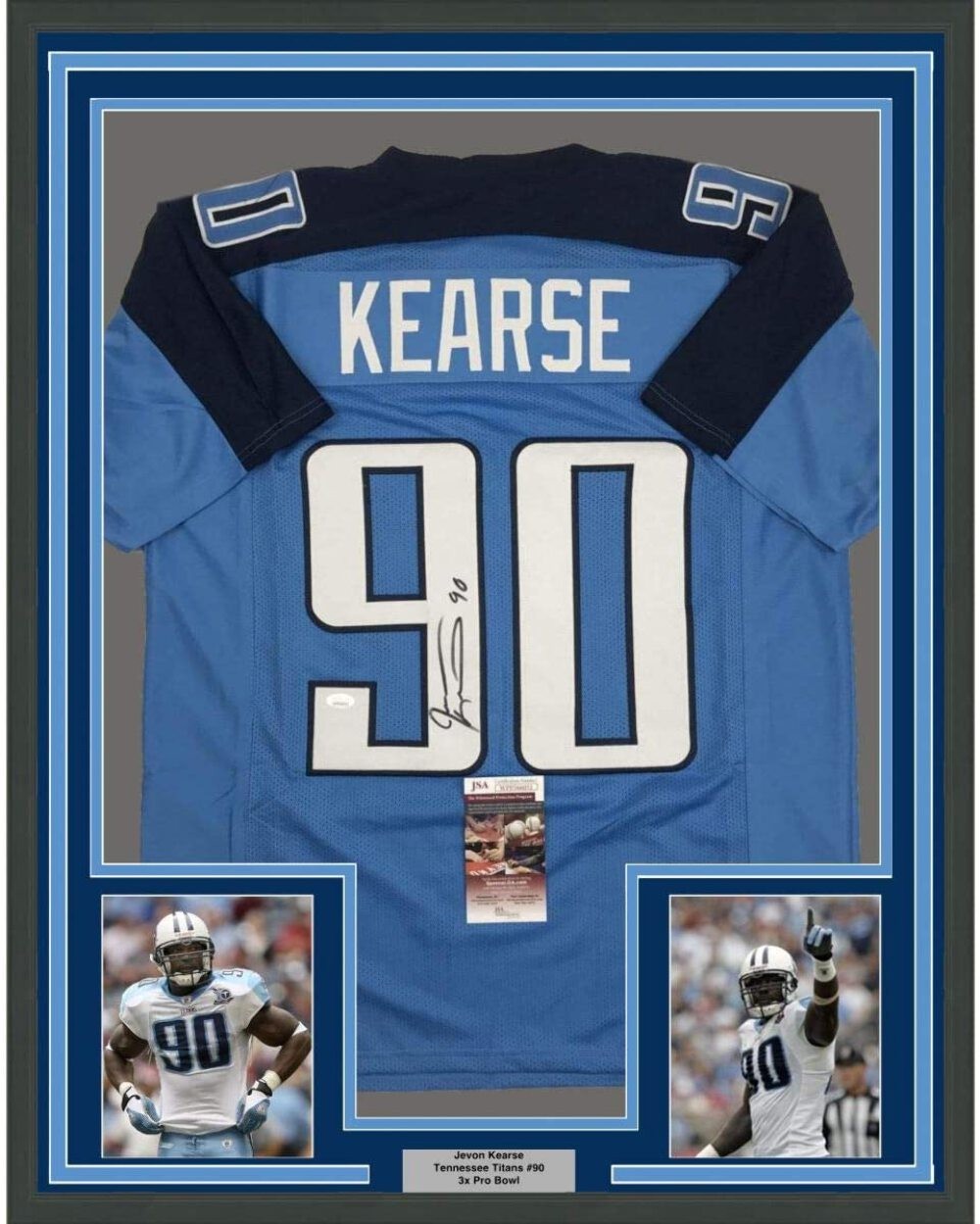 Framed Autographed/Signed Jevon Kearse 33x42 Tennessee Light Blue Jersey JSA COA