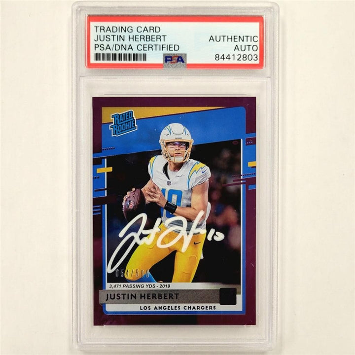 Justin Herbert 2020 Panini Rated Rookie Purple Stat Line #303 card auto /500 PSA