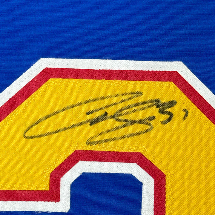 Framed Autographed/Signed Curtis Joseph 33x42 St. Louis Blue Jersey JSA COA