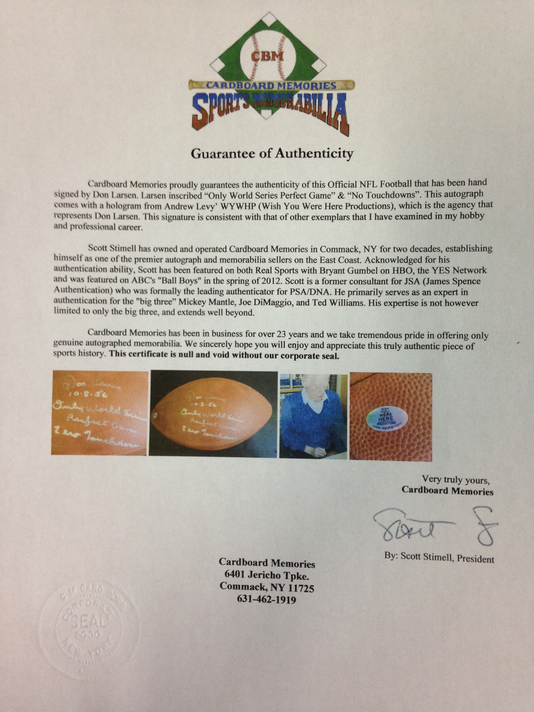 Don Larsen Yankees signed official NFL Football auto INS WS PG agent holo COA